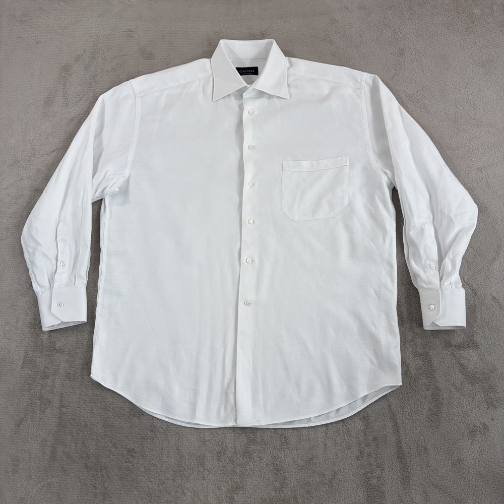 Canali Dress Shirt in White Geometric Textured Men 42 16.5 Made Italy Designer